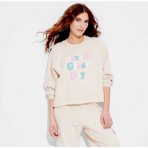Smiley World Sweatshirt Beige Puffy Graphic Print Have A Great Day Oversized 2X